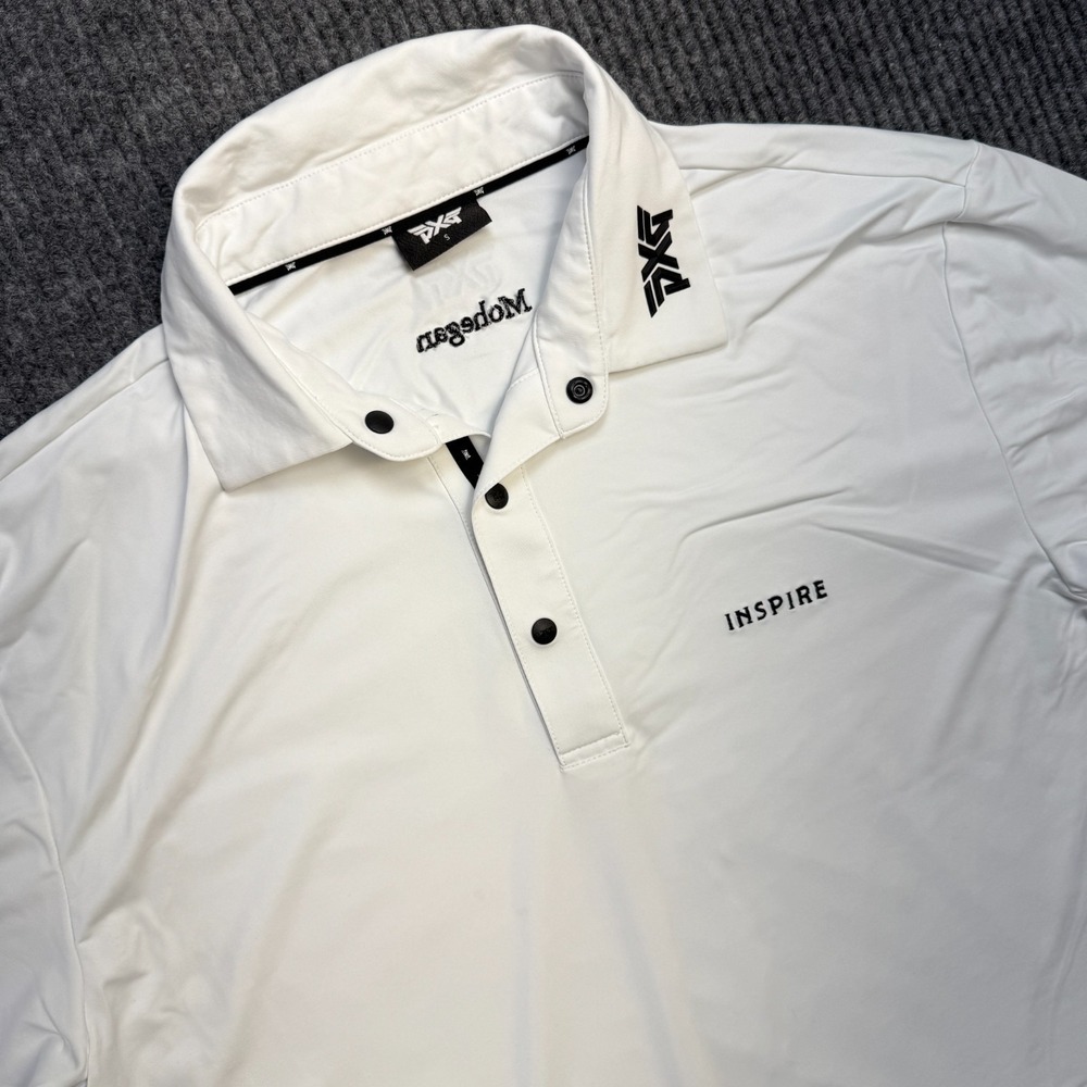 PXG Golf Polo Shirt Mens Small White Collar Logo Snap Button Performance Parsons